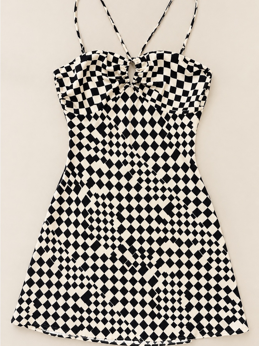 Black & White Checker Mini Dress with Spaghetti Straps